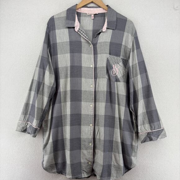 Victoria's Secret Other - VICTORIAS SECRET Sleepshirt L Check Button Front Long Sleeve PJ Top Gray